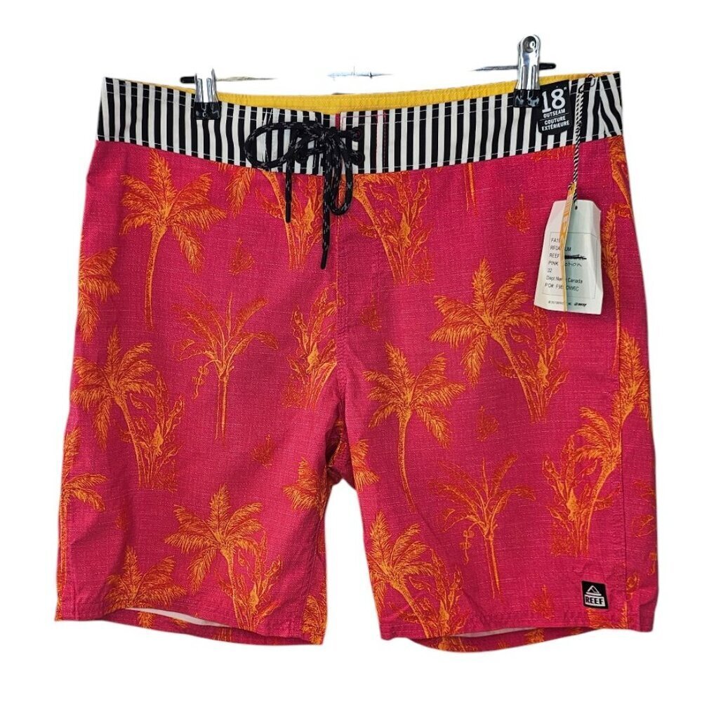 Reef Mens Board Shorts, Palm Tree, Striped, Swimwear, Unlined, Size 32